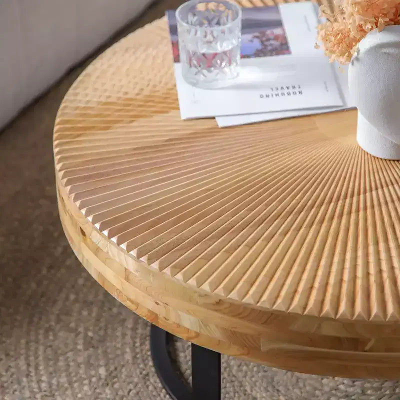 Modern Retro Coffee Table Center Table with Metal Legs, Solid Wood Table Top with Carving Pattern - ModernLuxe