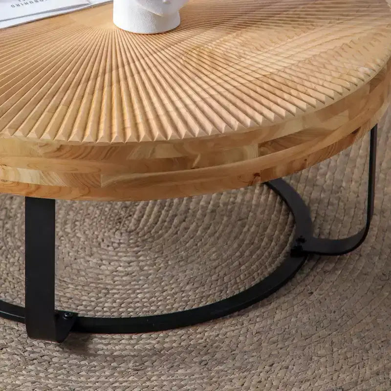 Modern Retro Coffee Table Center Table with Metal Legs, Solid Wood Table Top with Carving Pattern - ModernLuxe