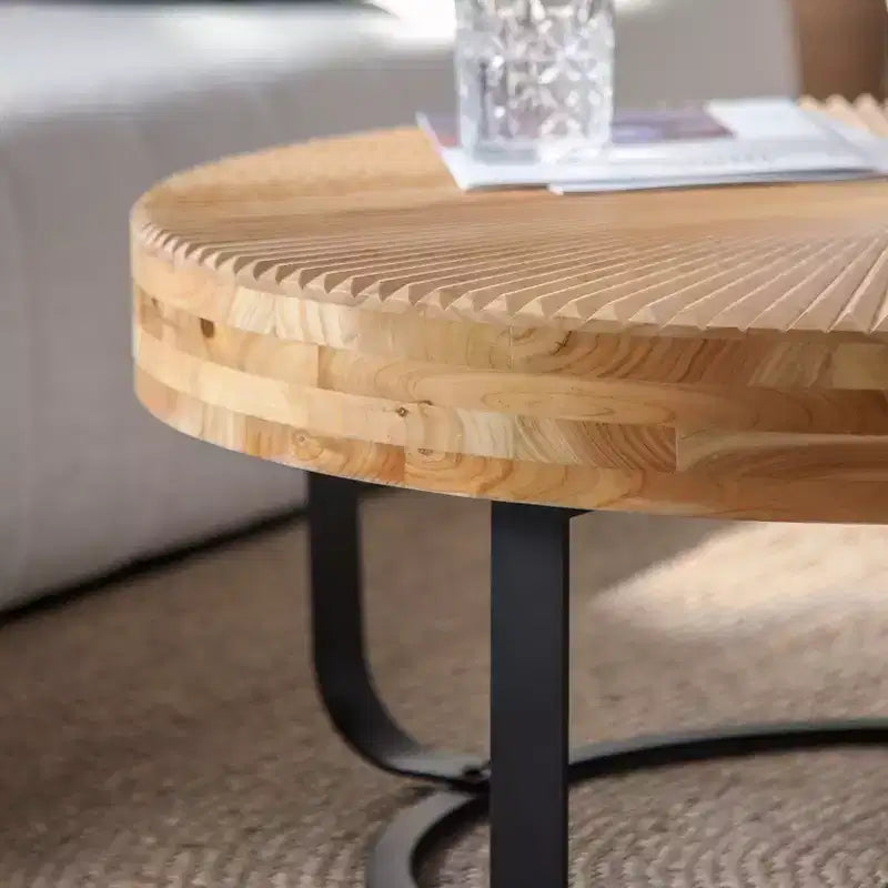 Modern Retro Coffee Table Center Table with Metal Legs, Solid Wood Table Top with Carving Pattern - ModernLuxe