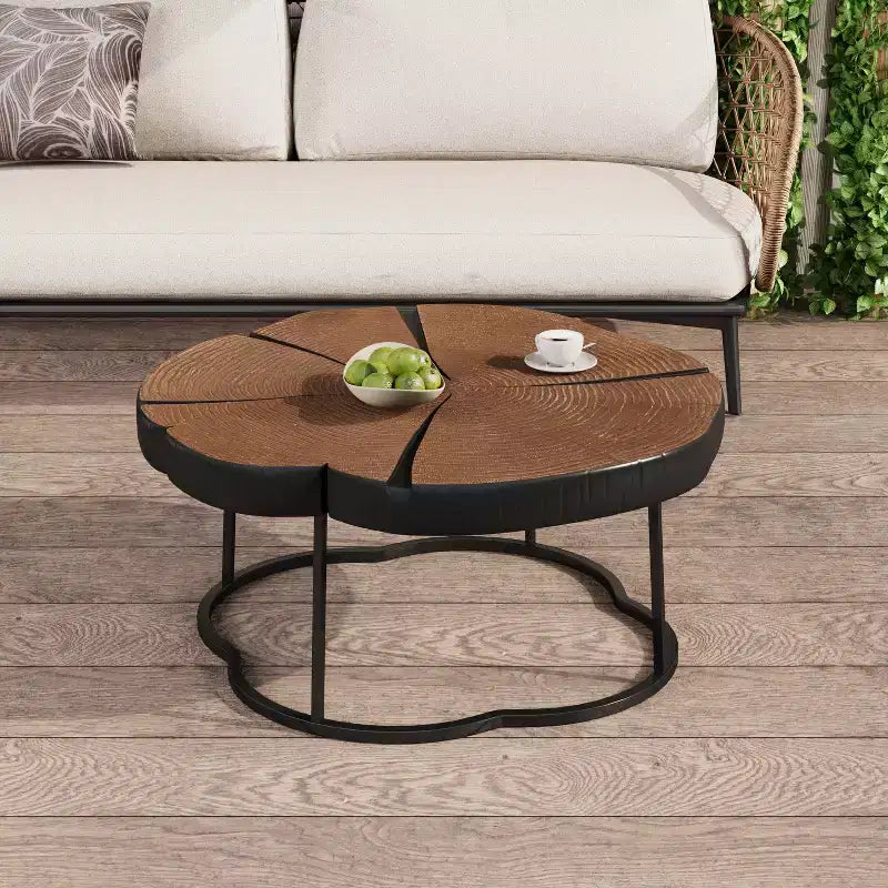Modern Retro Coffee Table Center Table with Metal Legs, Solid Wood Table Top with Carving Pattern - ModernLuxe