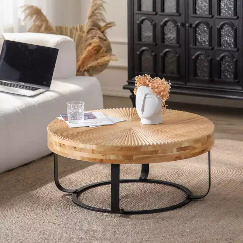 Modern Retro Coffee Table Center Table with Metal Legs, Solid Wood Table Top with Carving Pattern - ModernLuxe