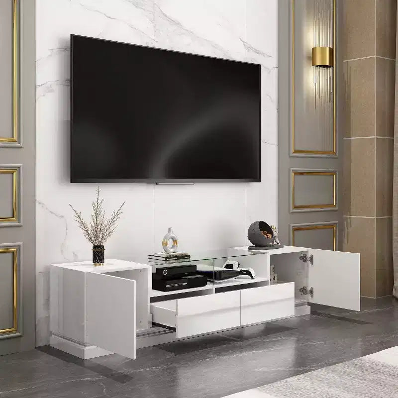 Famapy White 2-Drawers TV Stand With LED Lights Console Table
