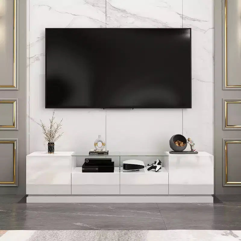 Famapy White 2-Drawers TV Stand With LED Lights Console Table