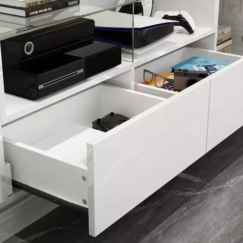 Famapy White 2-Drawers TV Stand With LED Lights Console Table