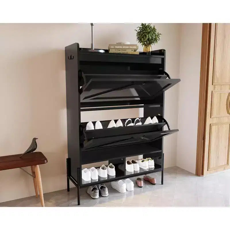 Garvee Shoe Storage Cabinet, 2 Flip Drawers & Top Drawer Shoe Cabinet for Entryway, Freestanding Shoe Organizer Cabinet with Metal Legs, Black