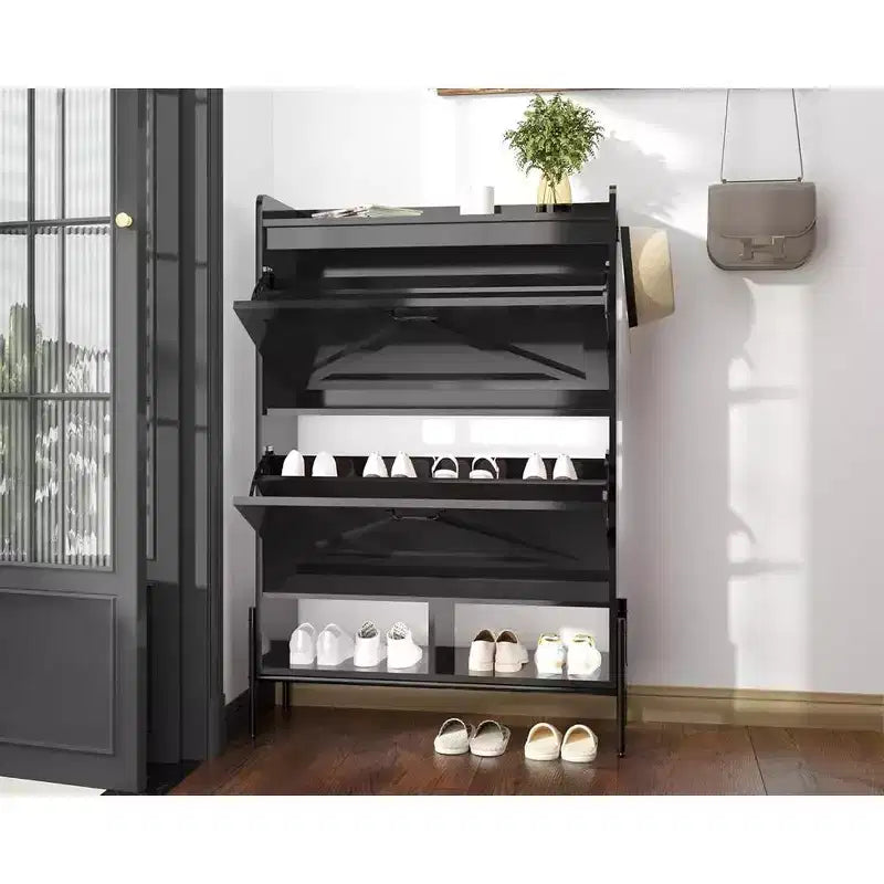 Garvee Shoe Storage Cabinet, 2 Flip Drawers & Top Drawer Shoe Cabinet for Entryway, Freestanding Shoe Organizer Cabinet with Metal Legs, Black
