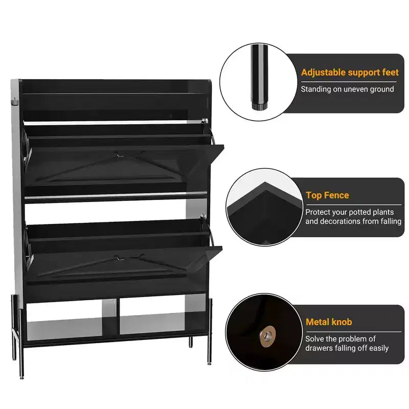 Garvee Shoe Storage Cabinet, 2 Flip Drawers & Top Drawer Shoe Cabinet for Entryway, Freestanding Shoe Organizer Cabinet with Metal Legs, Black