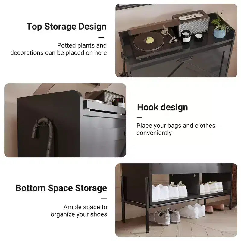 Garvee Shoe Storage Cabinet, 2 Flip Drawers & Top Drawer Shoe Cabinet for Entryway, Freestanding Shoe Organizer Cabinet with Metal Legs, Black