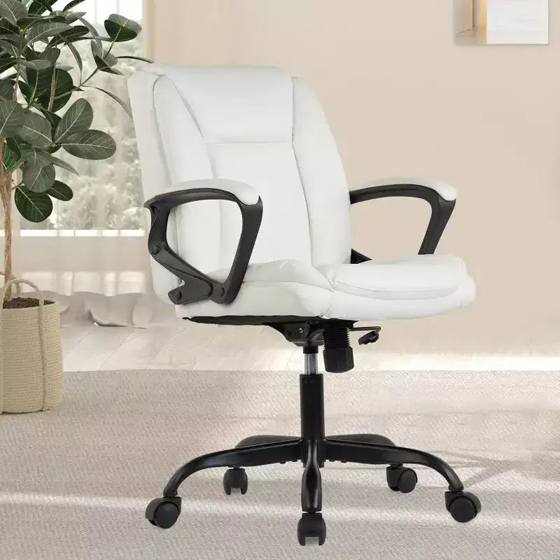 FDW PU Leather Task Chair Home Office Chair with Lumbar Support and Mid Back