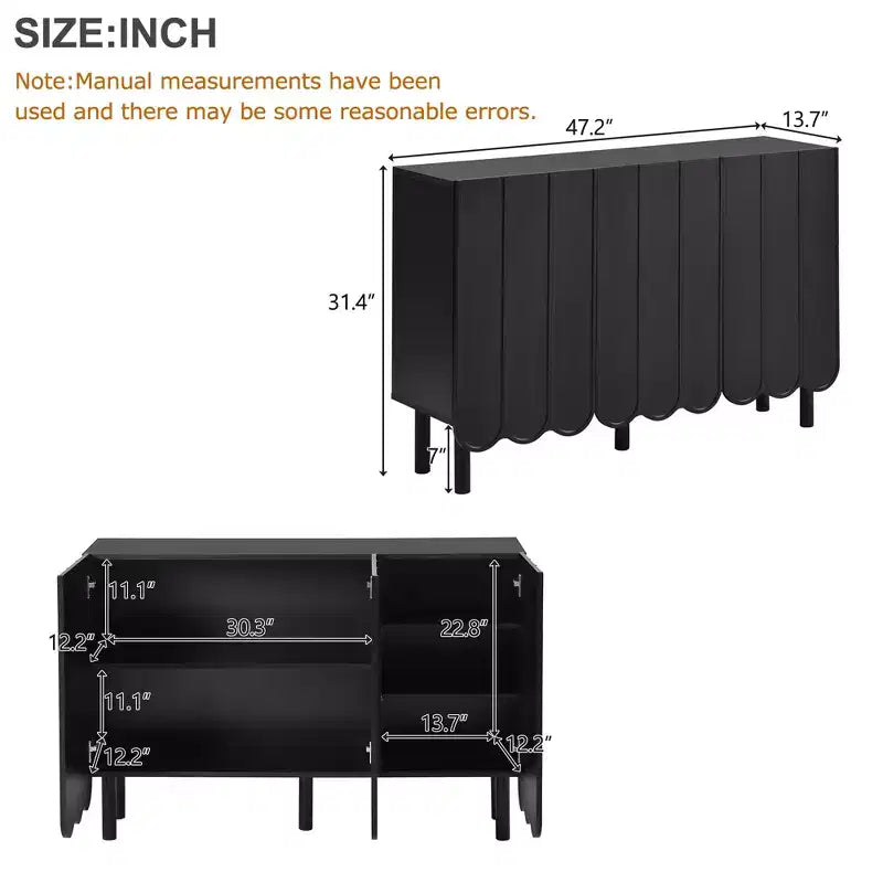 Cream Style Minimalist Shoe Cabinet with 5 Solid Wood Legs, Sideboard Buffet Cabinet with Adjustable Shelves and Wave Doors 4B - ModernLuxe