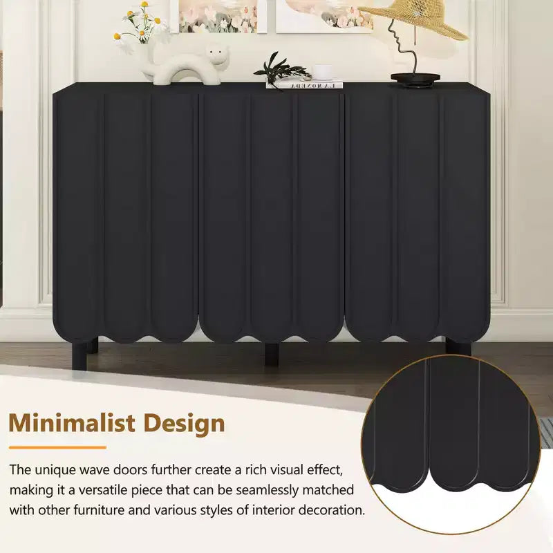 Cream Style Minimalist Shoe Cabinet with 5 Solid Wood Legs, Sideboard Buffet Cabinet with Adjustable Shelves and Wave Doors 4B - ModernLuxe